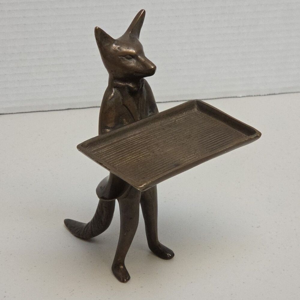 Vintage Bronze Fox Sculpture Business Card Holder 7 Inch Cast Stylish